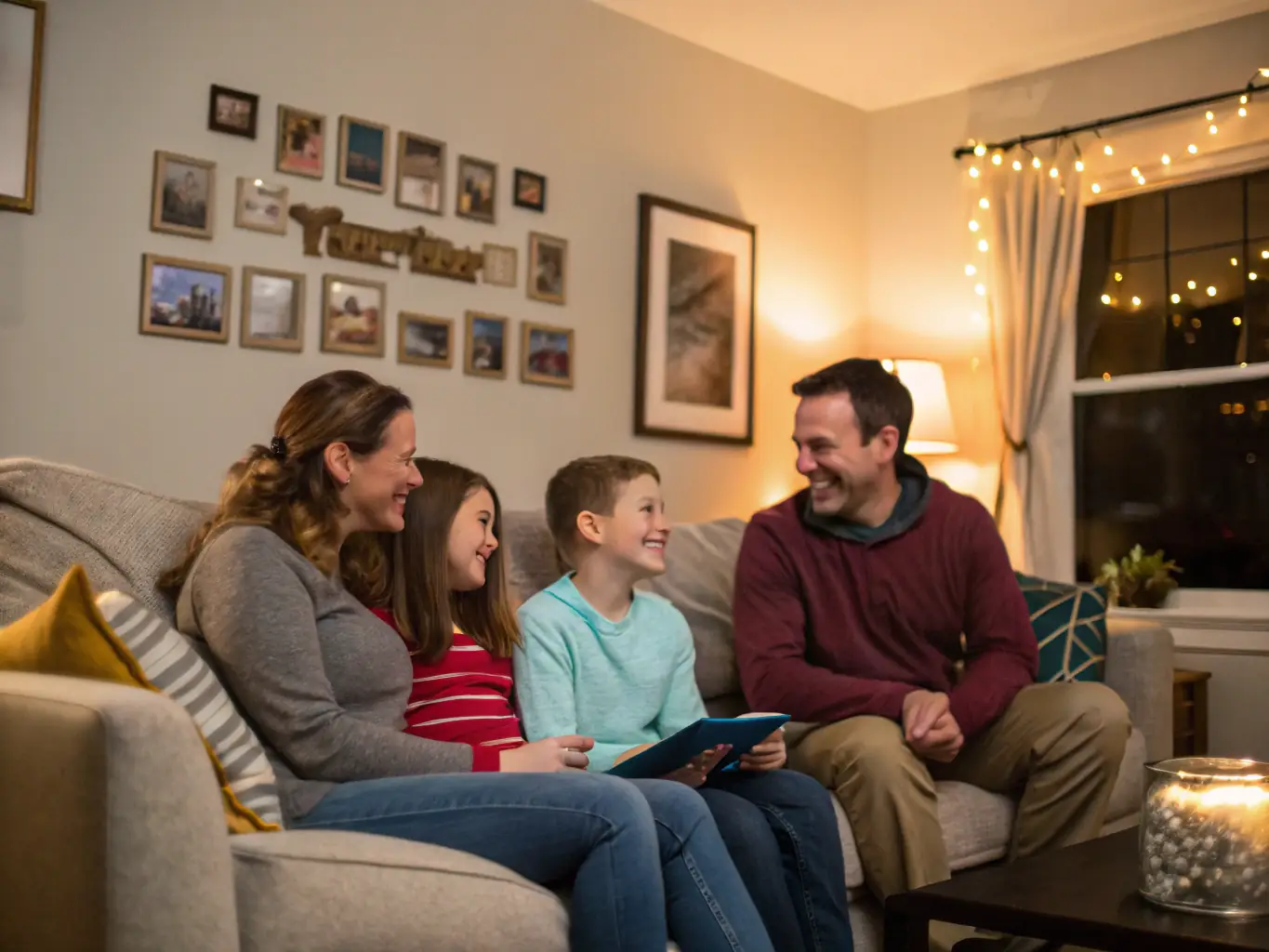 An image of a diverse family happily gathered in their modern living room, symbolizing the peace of mind that comes with comprehensive insurance coverage.