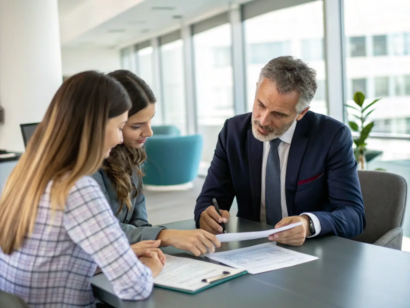 An image of a financial advisor discussing estate documents with a client in a professional office setting.