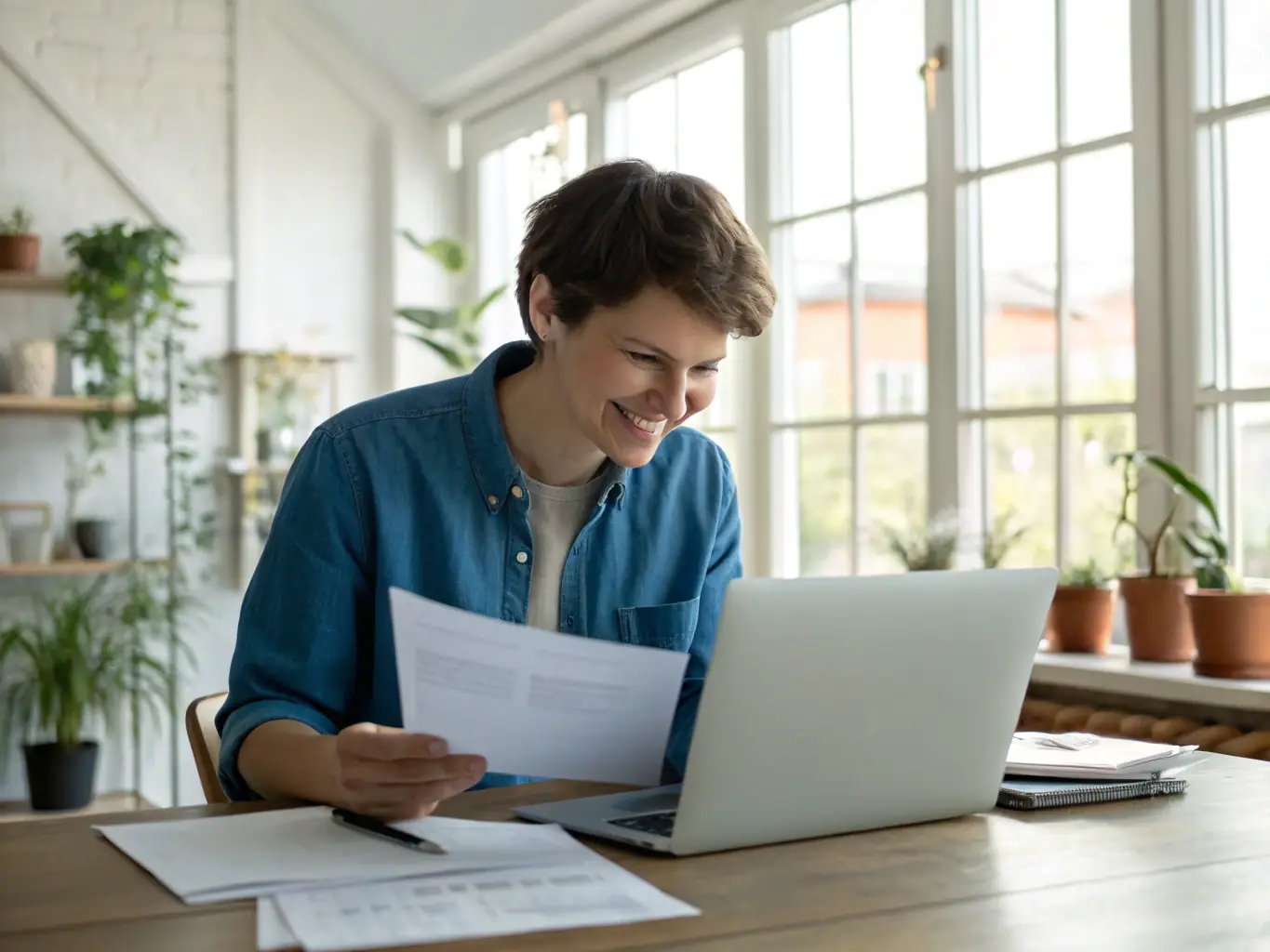 A Canadian worker in an office setting, smiling confidently while using a laptop, representing the security provided by disability insurance in case of unexpected health issues.